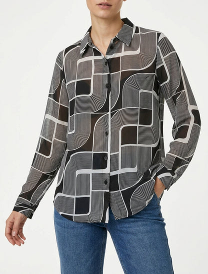 Transparente fließende Bluse mit grafischem Druck - Schwarz