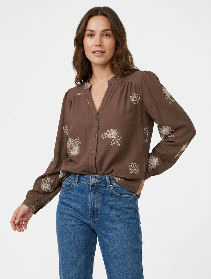 Fließende Bluse mit Blumenstickereien - Braun