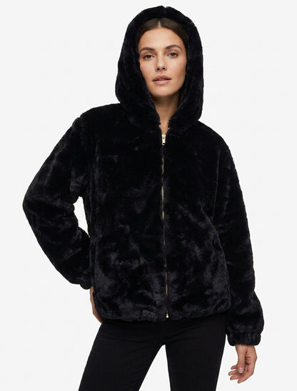 Reißverschlussjacke aus Kunstfell - Schwarz