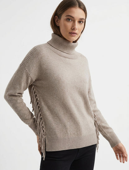 Einfarbiger Rollkragenpullover mit Fransen - Maulwurf