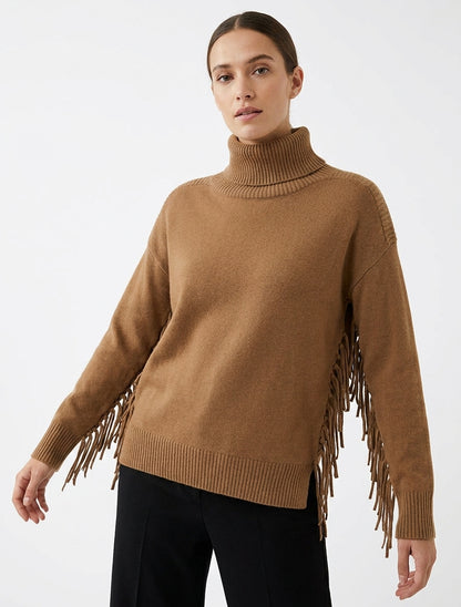 Einfarbiger Rollkragenpullover mit Fransen - Kamel