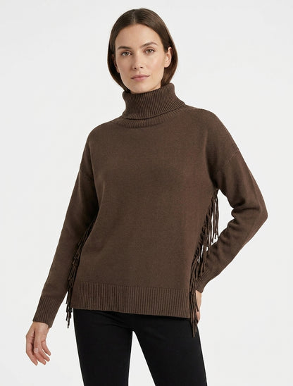 Einfarbiger Rollkragenpullover mit Fransen - Braun