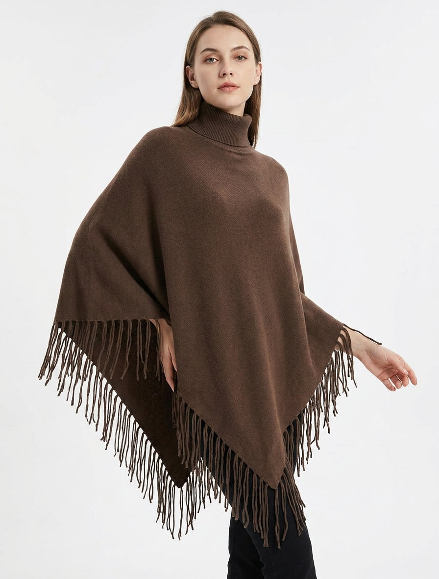 Übergroßer Poncho mit Fransen - Braun