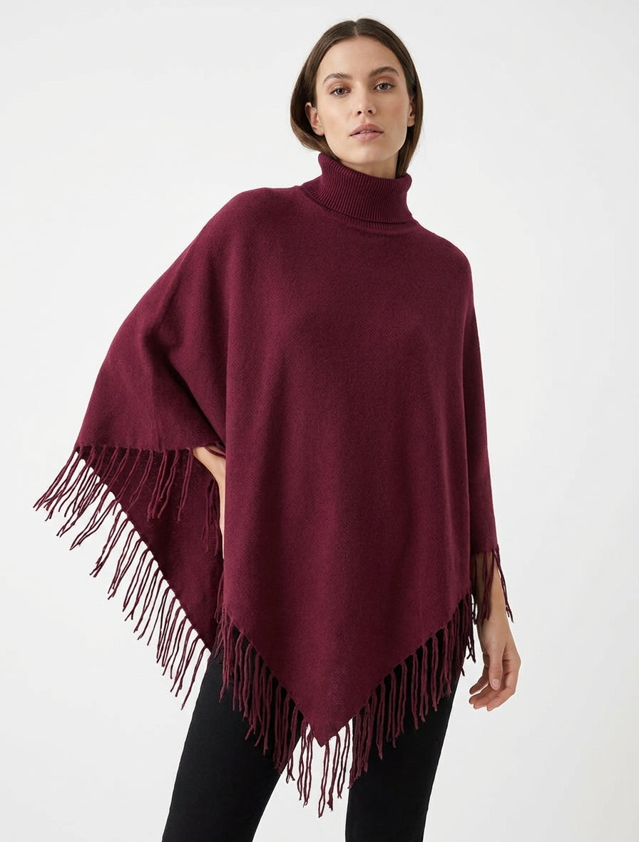 Übergroßer Poncho mit Fransen - Weinrot