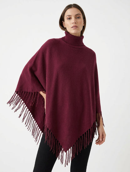 Übergroßer Poncho mit Fransen - Weinrot