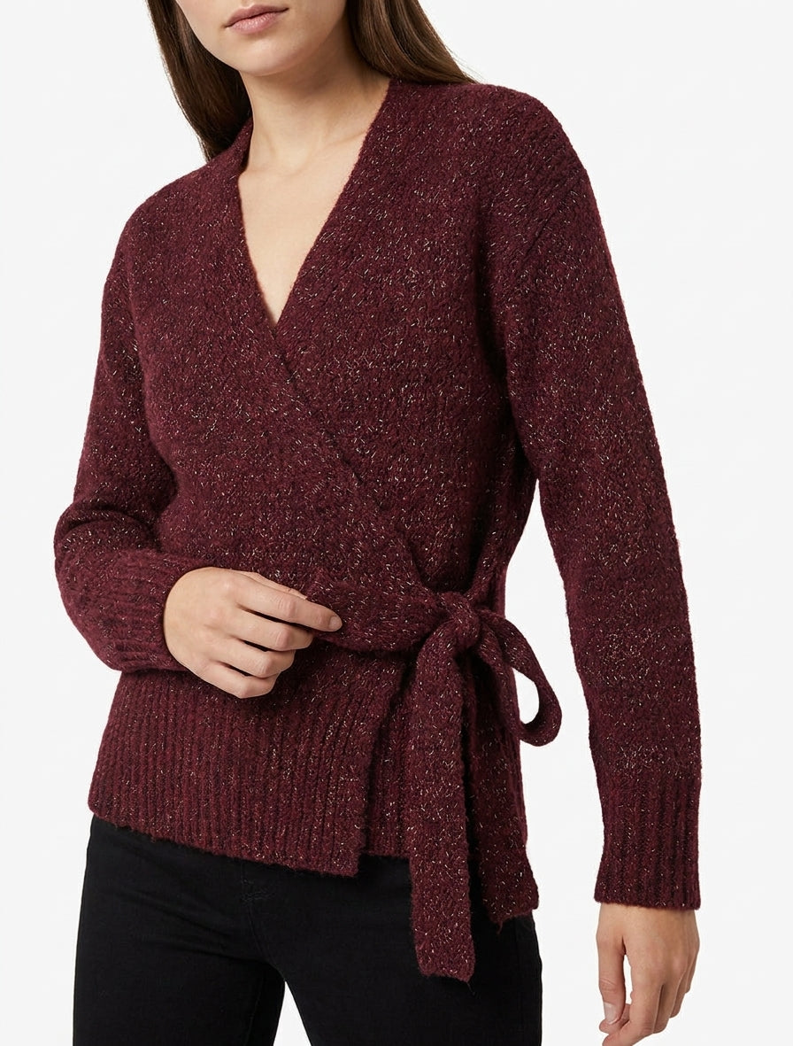 Wickel-Pullover aus schimmerndem Wollmischgewebe - Weinrot