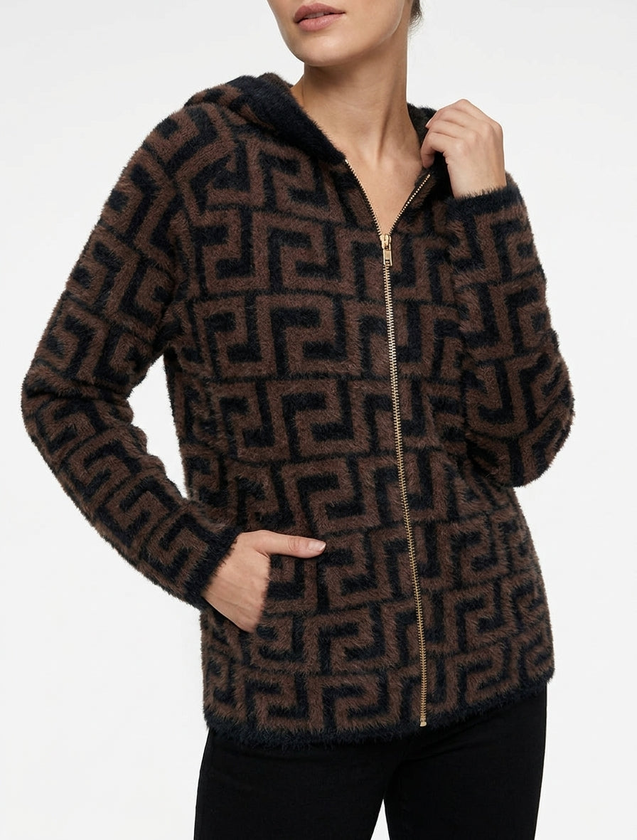 Grafisch bedrucktes Kapuzen-Sweatshirt aus flauschigem Strick - Braun