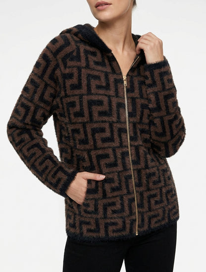 Grafisch bedrucktes Kapuzen-Sweatshirt aus flauschigem Strick - Braun