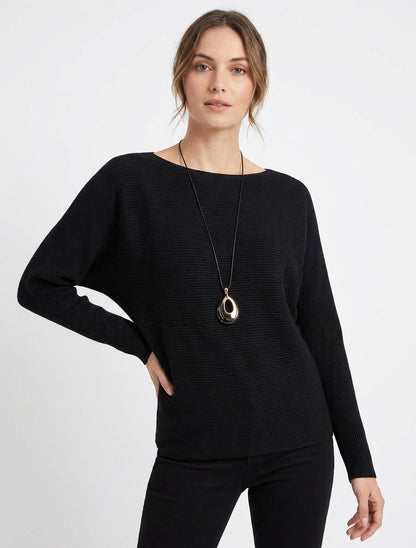 Gerader Pullover aus Rippstrick mit Fledermausärmeln - Schwarz