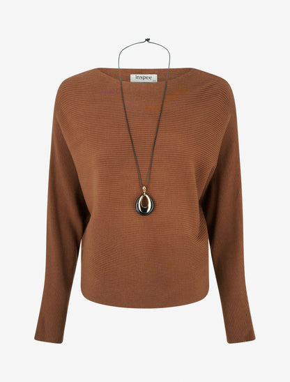 Pull droit en maille côtelée à manches chauve-souris - Camel - 1