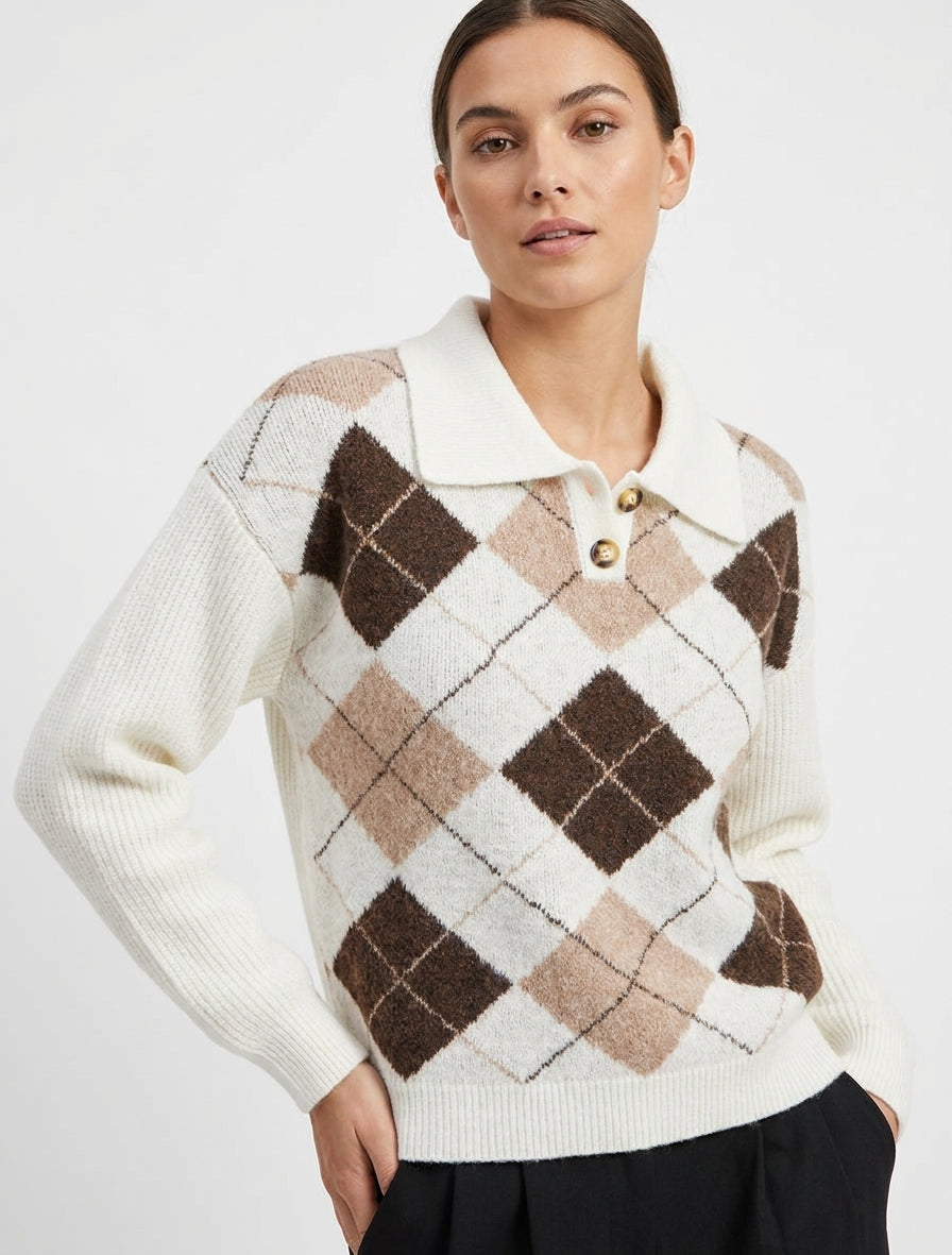 Karierter Druckpullover mit Stehkragen - Weiß