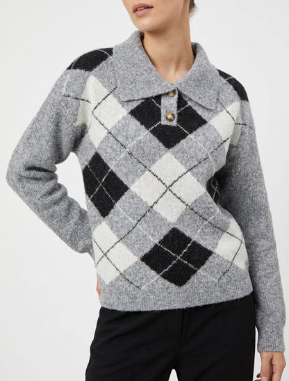 Karierter Druckpullover mit Stehkragen - Grau