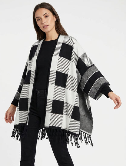 Grafikbedruckter Poncho mit Fransen - Weiß