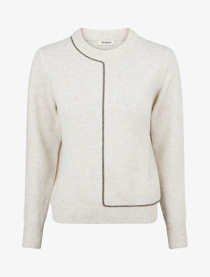 Pull laine mélangée col rond et liseré contrastant - Beige - 1