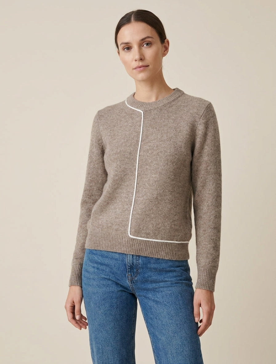 Pullover aus Wollmischung mit Rundhalsausschnitt und kontrastierendem Besatz - Maulwurf