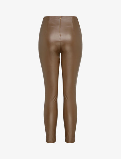 Pantalon en simili à détail boutons - Marron - 2