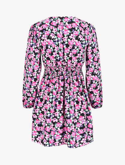 Robe col V à motif à fleurs - Noir - 2