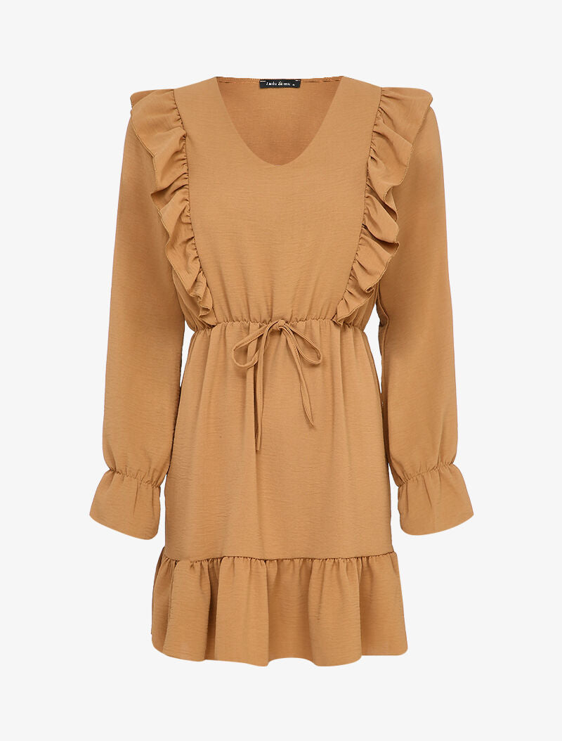 Robe patineuse à épaules et bords volantés - Camel - 1