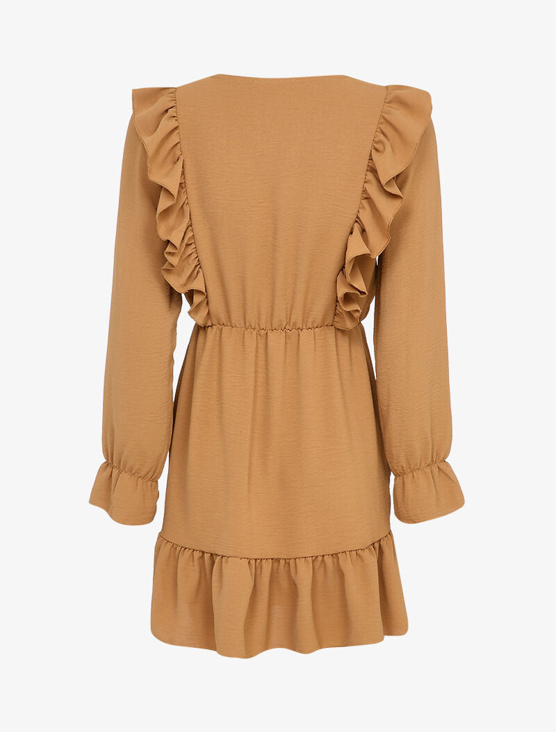 Robe patineuse à épaules et bords volantés - Camel - 2