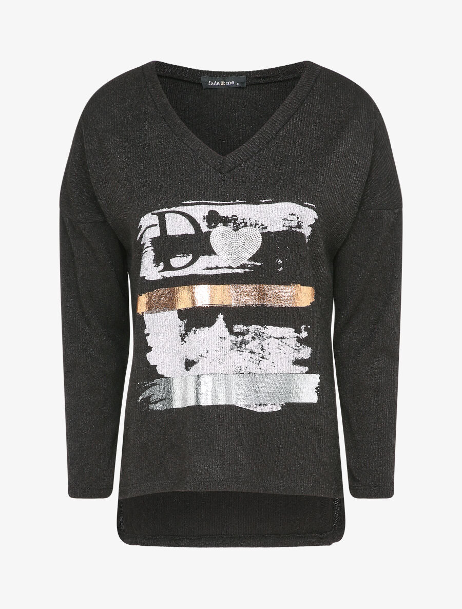 Pull à flocage irisé et coeur en strass - Noir - 1