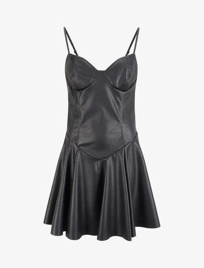 Robe volantée en simili à fines bretelles - Noir - 4