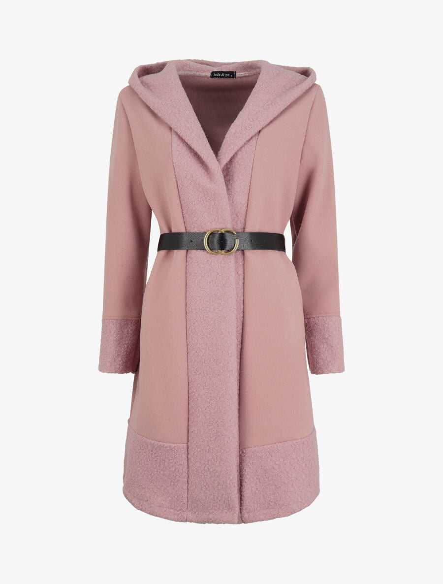 Manteau à capuche et détail laine bouclée - Rose poudré - 1