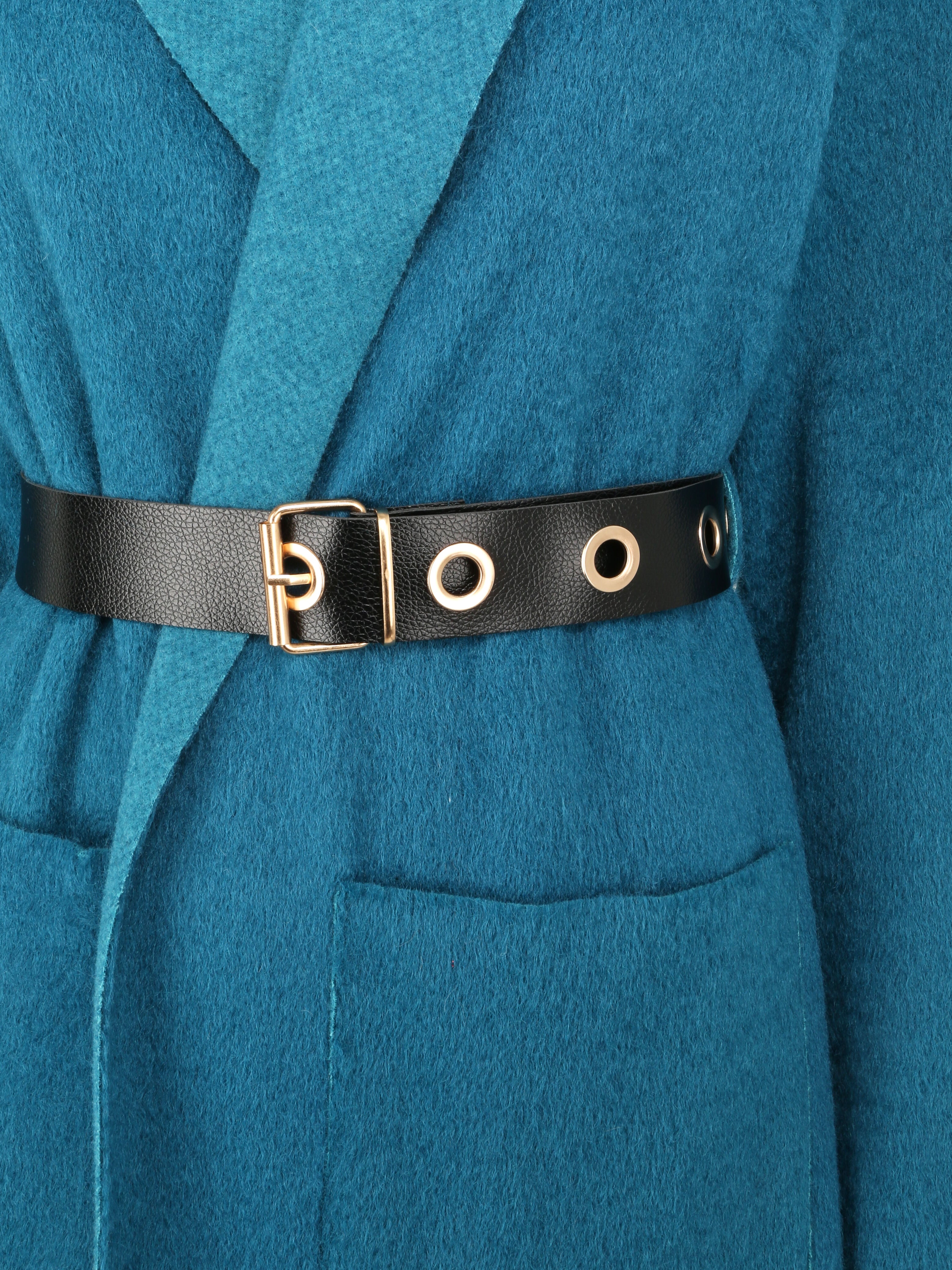 Manteau long et duveteux à col châle - Bleu canard - 3