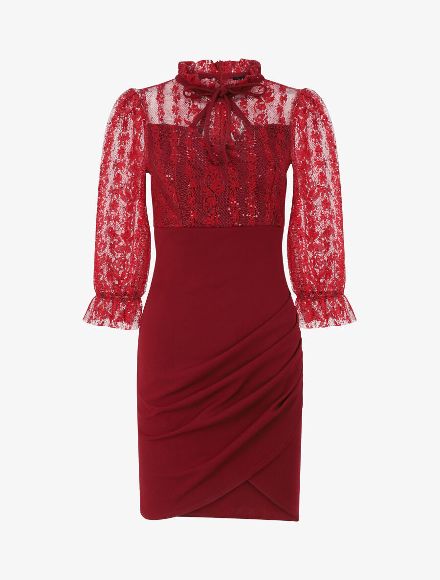 Robe à col montant et buste en dentelle et sequins - Bordeaux - 5
