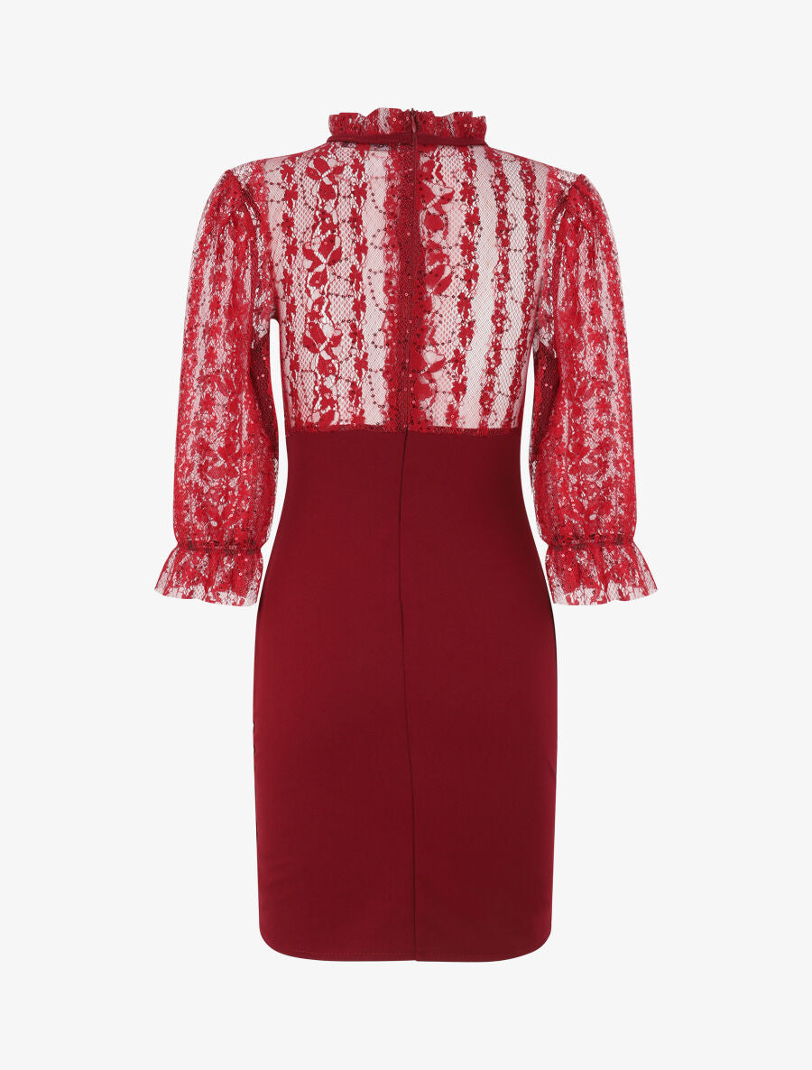 Robe à col montant et buste en dentelle et sequins - Bordeaux - 2