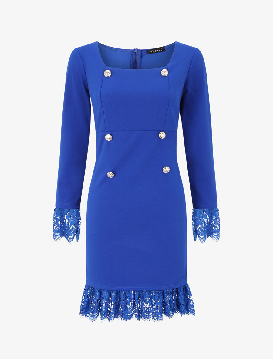 Robe à col carré et bords en dentelle - Bleu électrique - 1