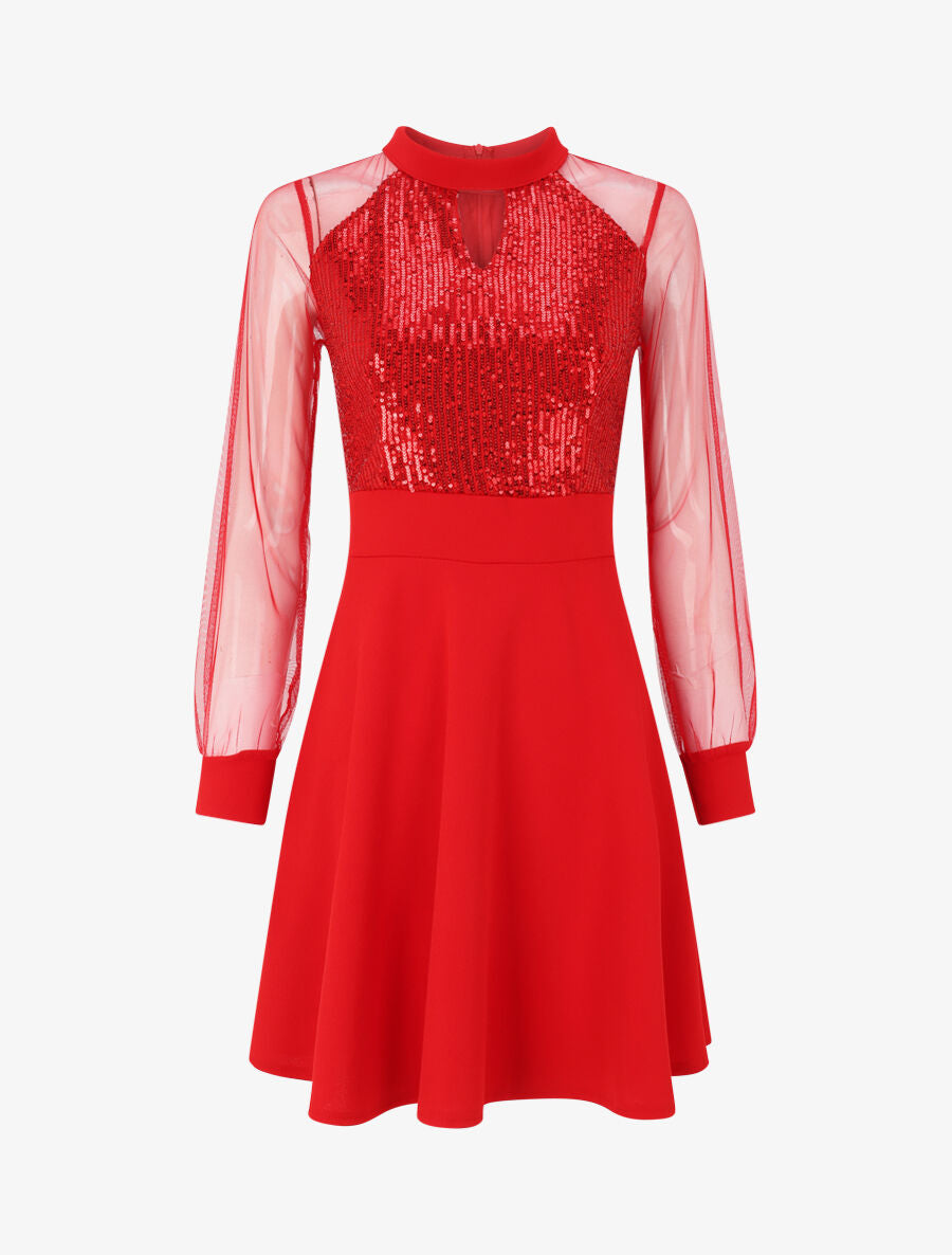 Robe patineuse à buste en sequins - Rouge - 1