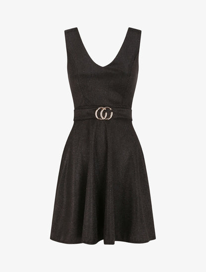 Robe à col V et paillettes - Noir - 4