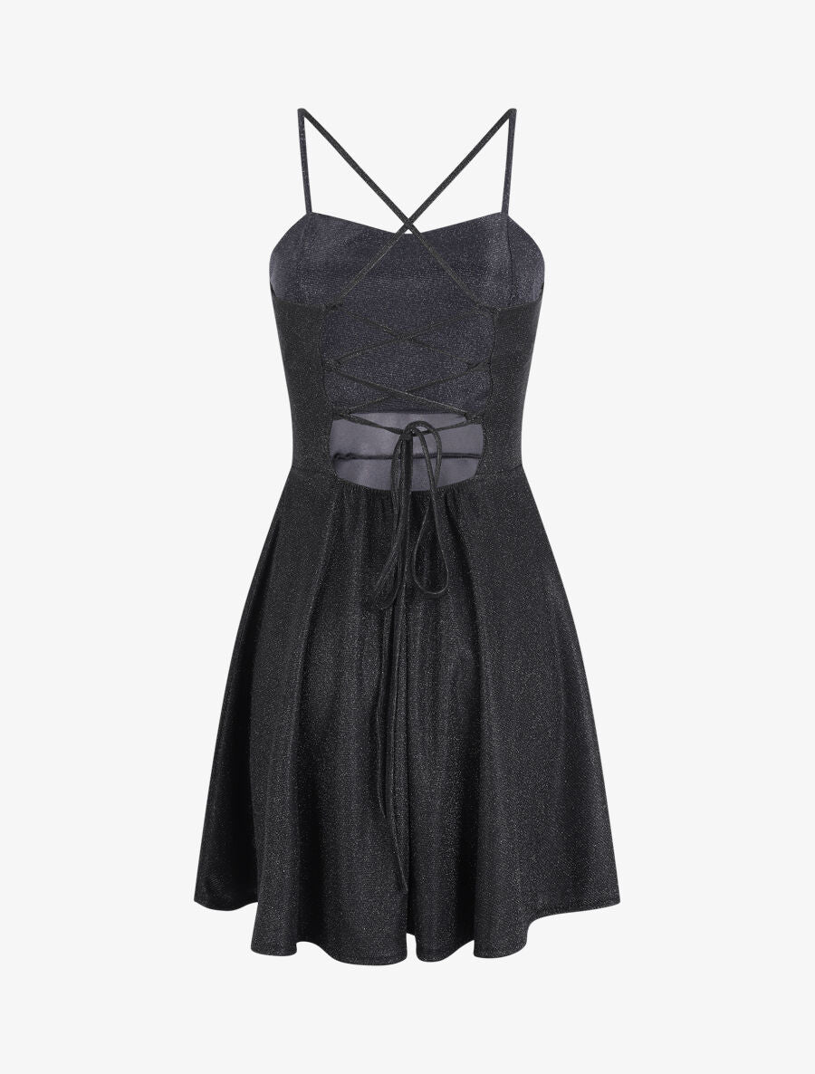Robe patineuse à paillettes et dos à corset - Noir - 2