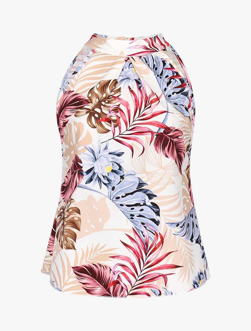 Top satiné imprimé feuilles à col américain - Blanc - 1