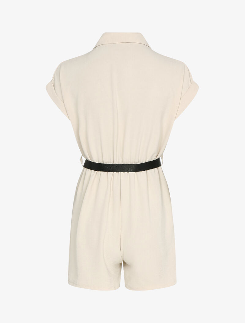 Combishort texturé à ceinture simili - Beige - 2