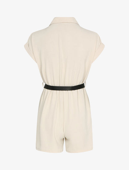 Combishort texturé à ceinture simili - Beige - 2