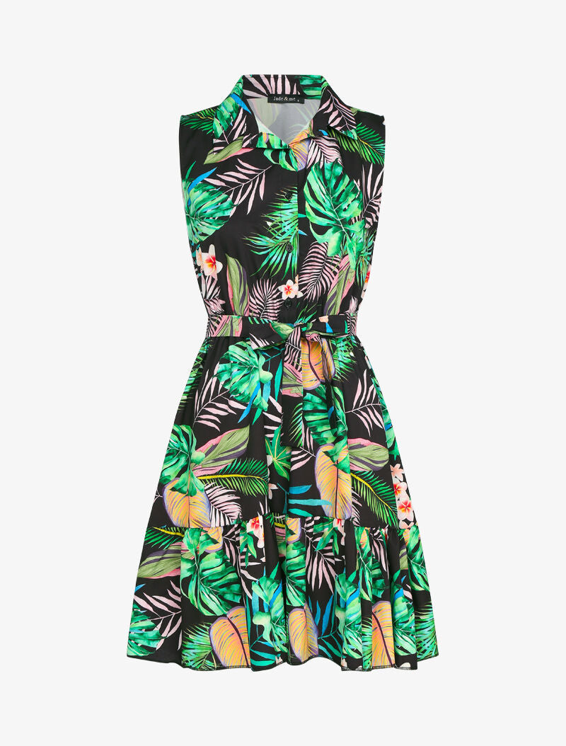 Robe à col chemise et imprimé tropical - Noir - 3