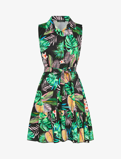 Robe à col chemise et imprimé tropical - Noir - 3