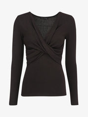 Pull fin à encolure cache-coeur effet drapé - Noir - 1