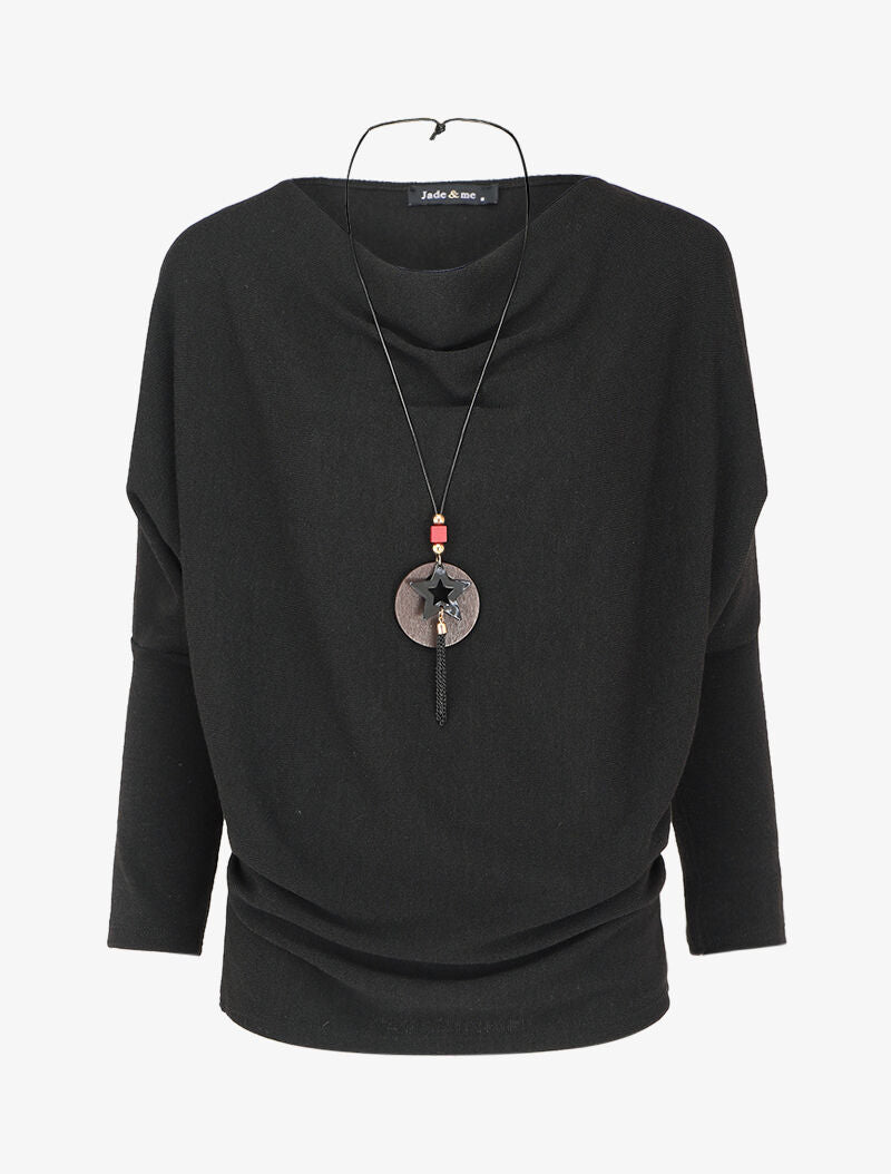 Pull fin à col bénitier et manches dolman - Noir - 1
