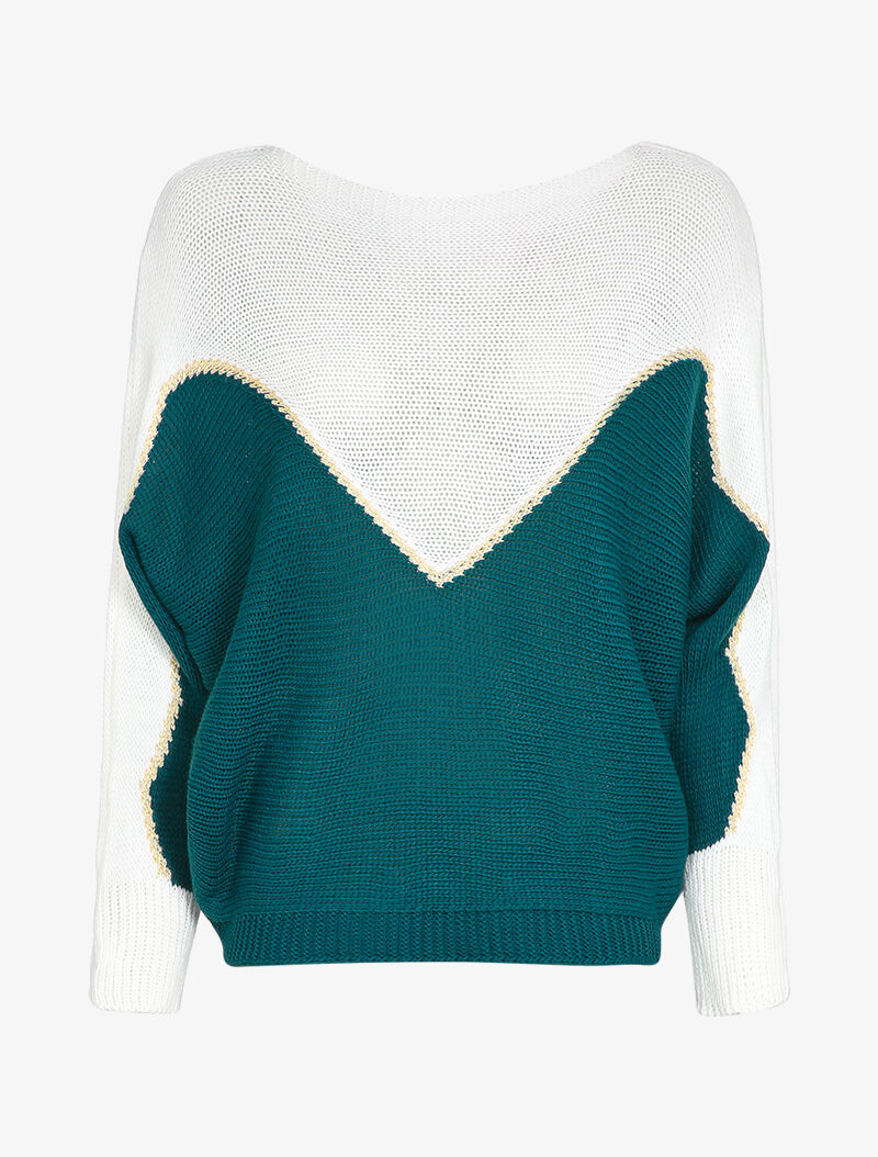 Pull en grosse maille à motif V irisé - Bleu canard - 4
