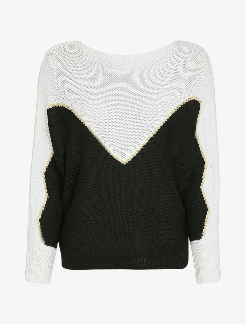 Pull en grosse maille à motif V irisé - Noir - 1