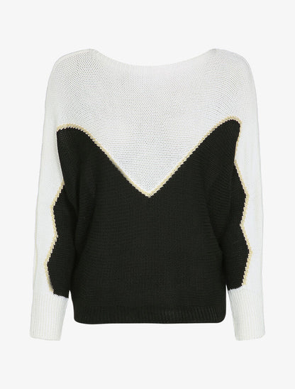Pull en grosse maille à motif V irisé - Noir - 1