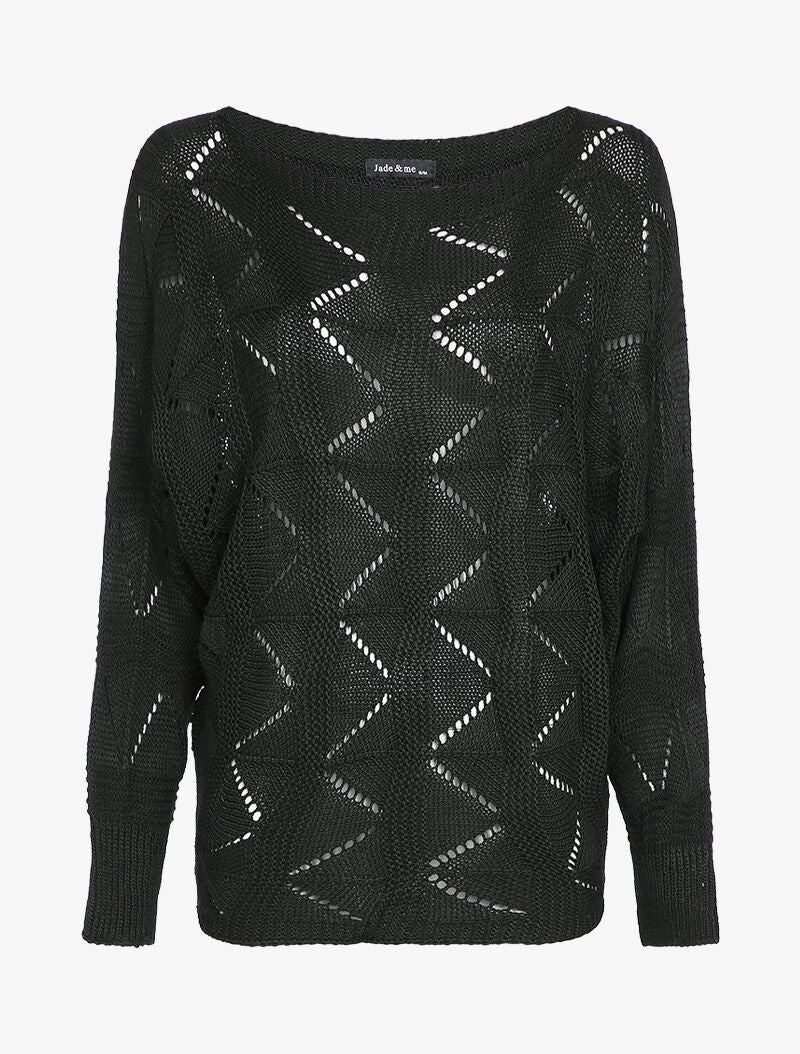 Pull loose en maille geométrique ajourée - Noir - 1