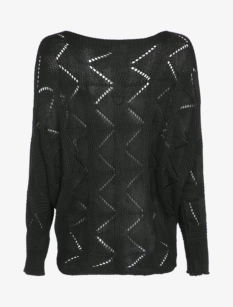 Pull loose en maille geométrique ajourée - Noir - 2