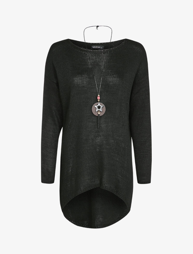Pull loose à dos long et col bateau - Noir - 1