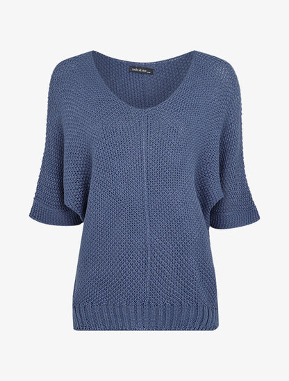 Pull oversize à manches 3/4 et col U - Bleu - 1