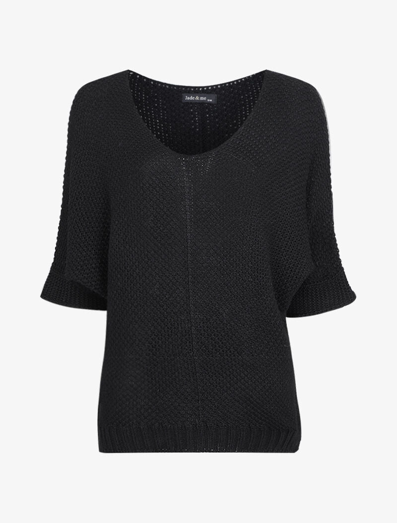 Pull oversize à manches 3/4 et col U - Noir - 4