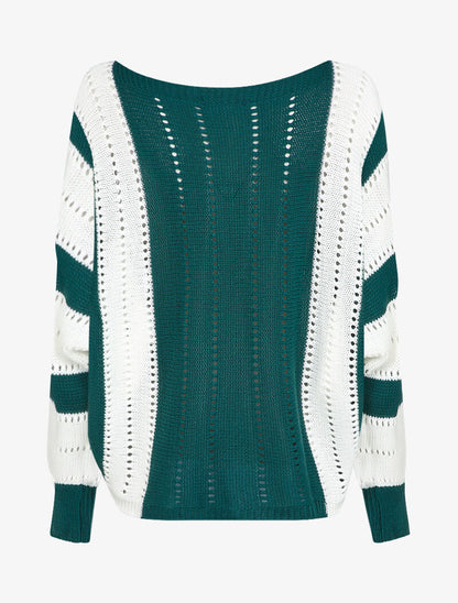 Pull oversize chauve-souris en maille ajourée - Vert/blanc - 2