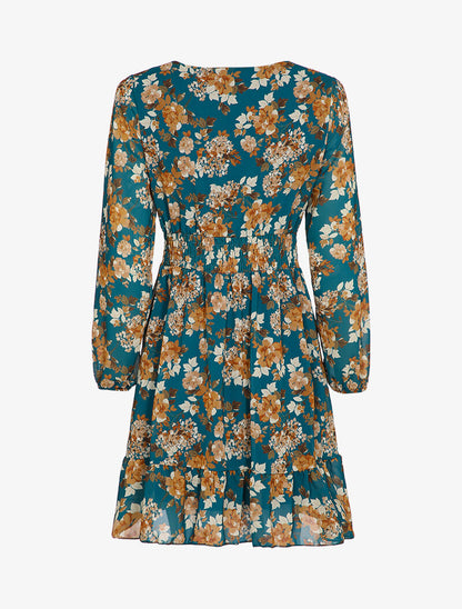Robe patineuse mi-longue à imprimé fleuri - Bleu - 2